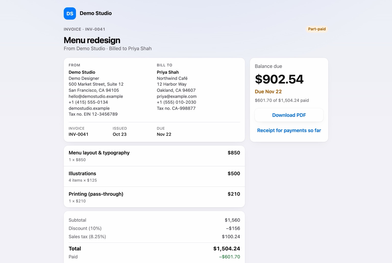An invoice as the client sees it: balance due, due date, Download PDF, and the line items.